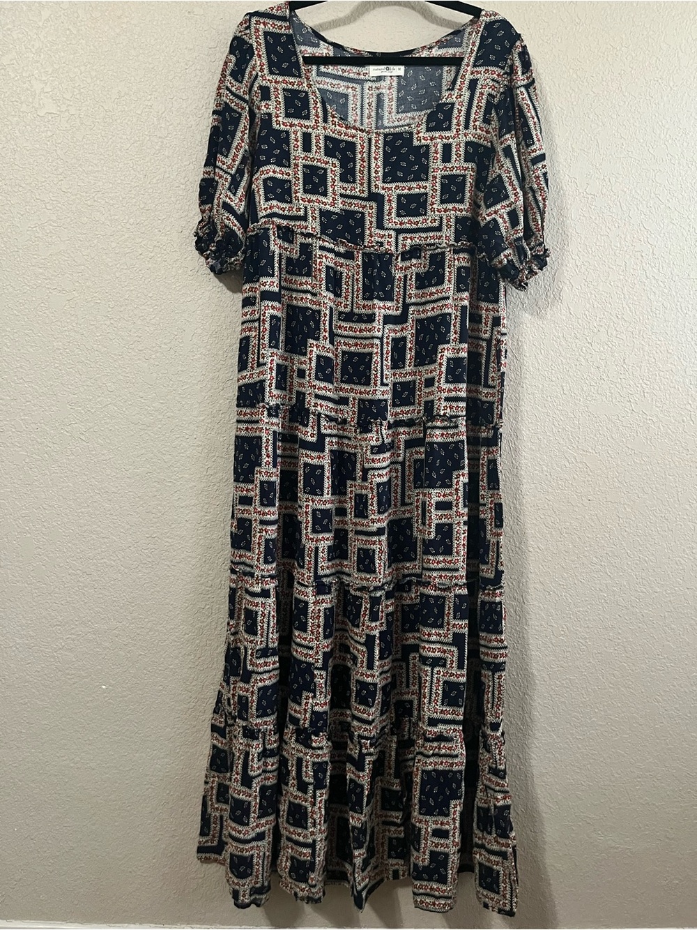 Women’s Navy Patchwork Square-Neck Midi Dress - Picture 2 of 8